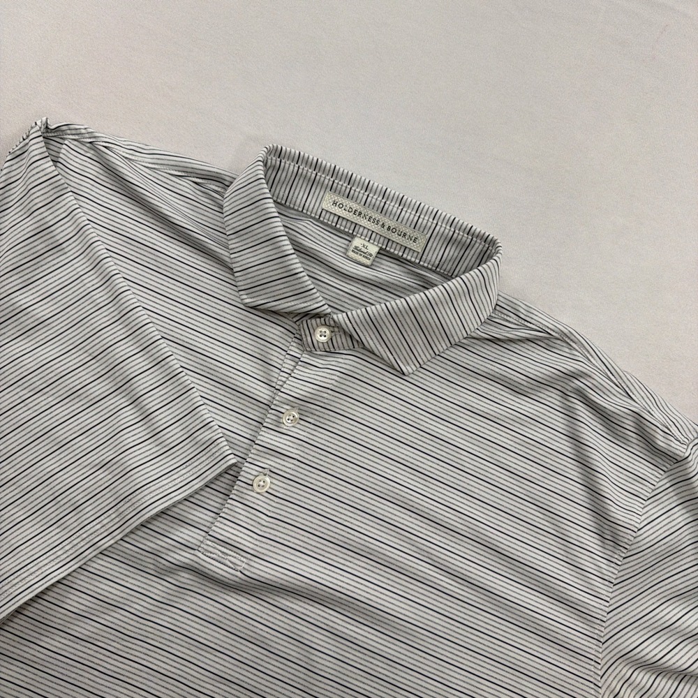 Holderness & Bourne Polo Shirt Tailored Fit Striped Performance White Blue XL
